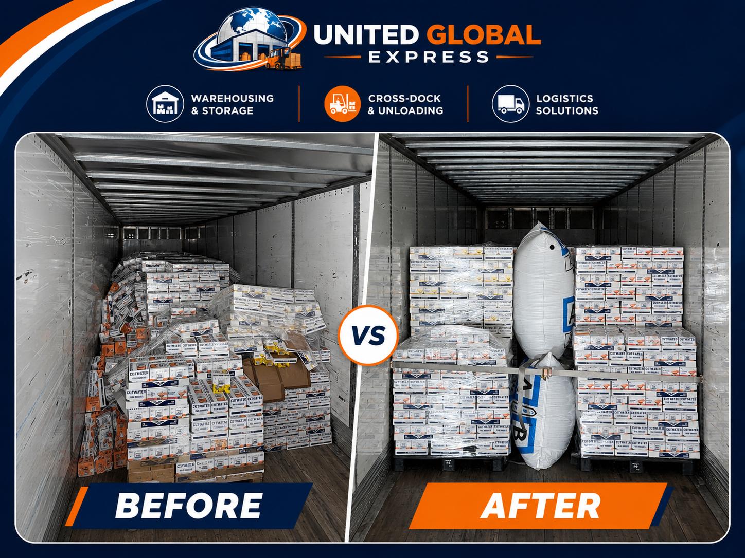Before and after: Cutwater case freight restacked and secured for trailer reload by United Global Express