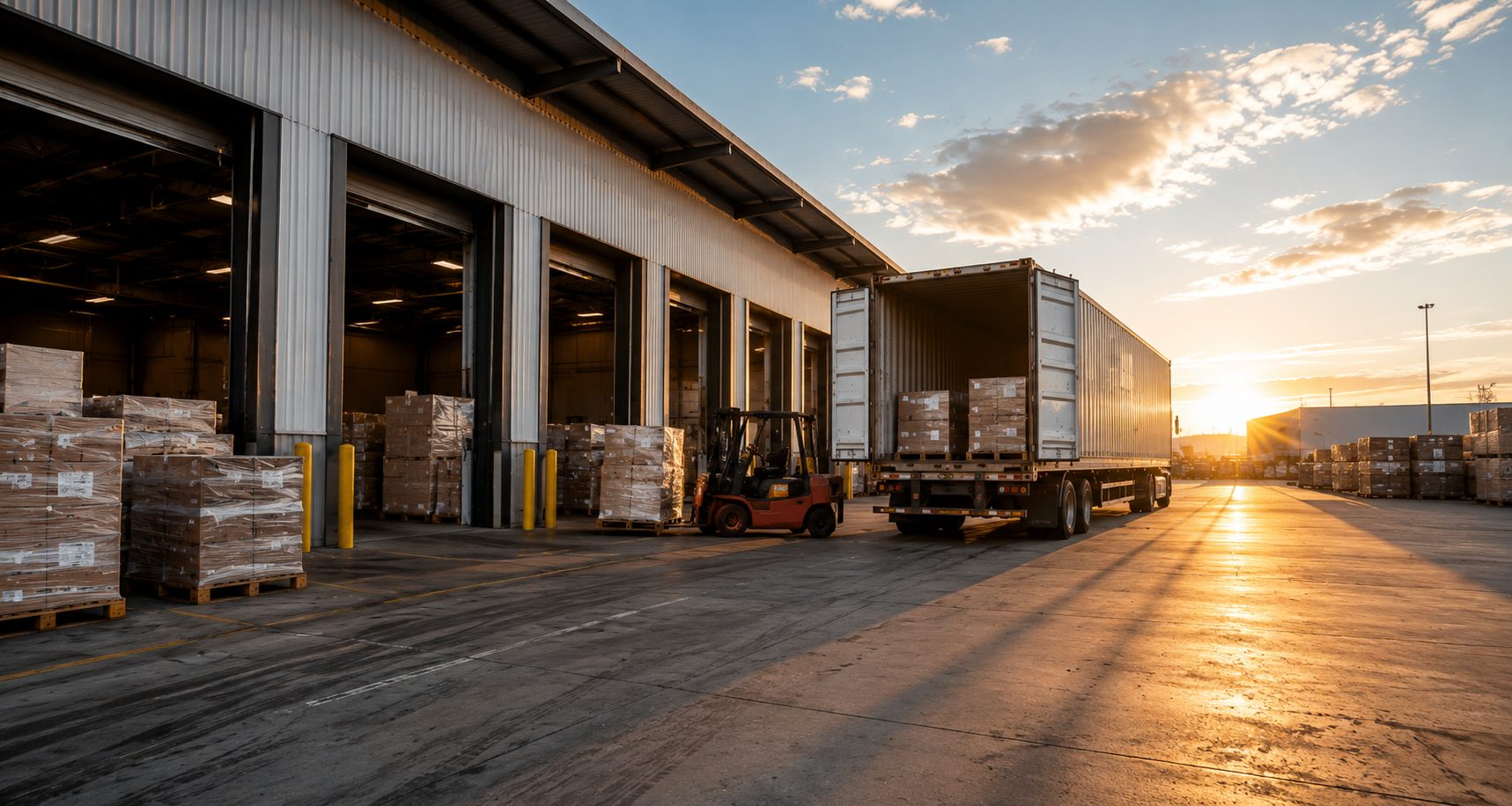 Warehouse loading dock with forklift and trailer at sunset in Branchburg, NJ